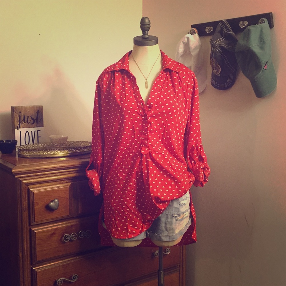 Heart Print Half Button Down Shirt